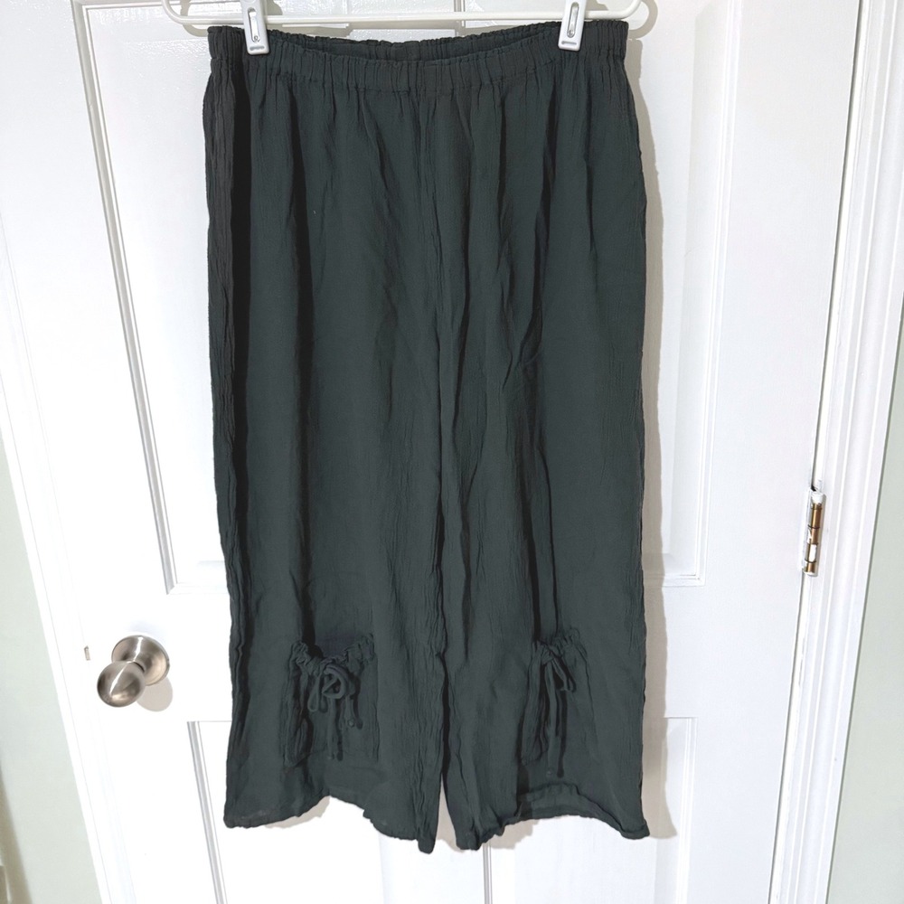 Oh My Gauze Dark Gray Cotton Crinkle Wide Leg Lagenlook Pants Size Large